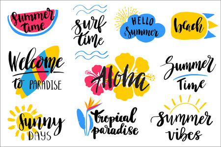 Set of hand drawn summer theme lettering phrases. Modern calligraphy quotes. Can be used for web, print, textile designのイラスト素材