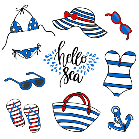 Beach time vector illustration. Swimsuit, eyeglasses, anchor, flipflops, tote bag and beach hat on white backgroundのイラスト素材