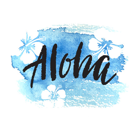 Vector trendy hand lettering poster. Hand drawn calligraphy word Aloha and tropical hibiscus flowers on blue watercolor background. Can be used for web, print, poster, banner, tshirtのイラスト素材