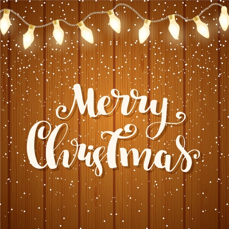 Wooden planks background with snowflakes and lights on with lettering text Merry Christmasのイラスト素材