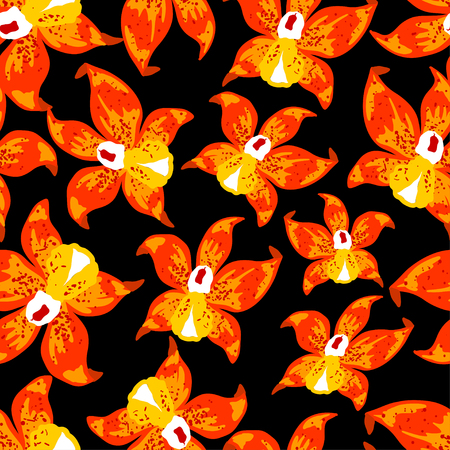 Vector seamless tropical pattern with orange orchid flowers on dark background. Floral illustration for textile, print, wallpapers, wrapping.のイラスト素材