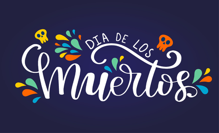 D a de Muertos or Day Of The Dead vector lettering composition. Calligraphy phrase on dark backgroundのイラスト素材