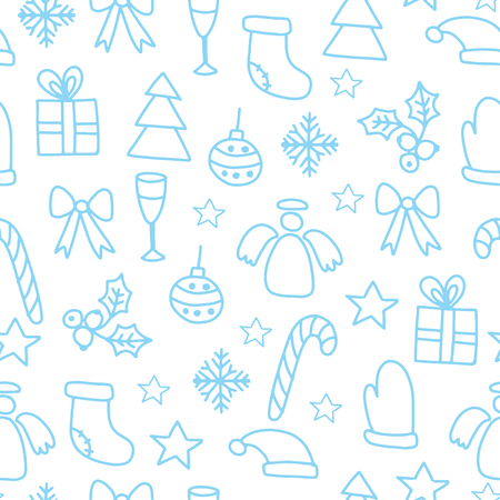 Vector Seamless Winter Pattern Background with blue Christmas elements on white. Can be used for textile, parer, scrapbooking, wrapping, web and print designのイラスト素材