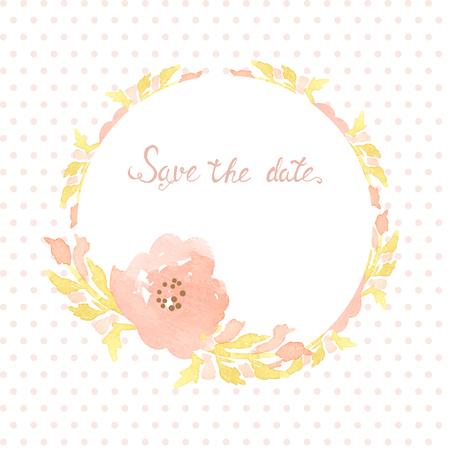 Wedding invitation card with flowers on polka dot background. Watercolor painted design with pink rose flowers and leavesのイラスト素材
