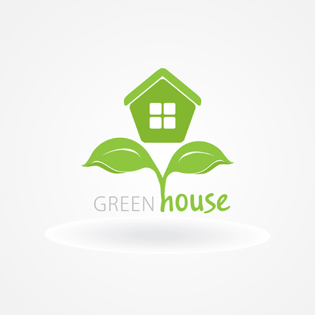 Eco house with green leaves. House logo. Ecological house icon.のイラスト素材
