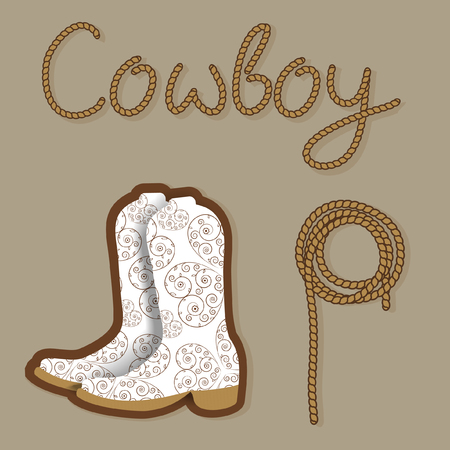 Cowboy poster. Wild west background for your design. Cowboy elements set.  Boots and lasso rope on brown backgroundのイラスト素材