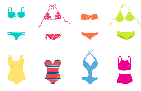 Women colorful swimsuit design set. Fashion bikini, tankini and monokini collection. Female stylish swimwear. Flat beach clothing underwearのイラスト素材