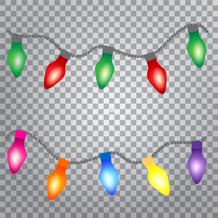 Glowing lights for Holiday greeting card design. Set of color garlands on transparent background. Vector illustration.のイラスト素材