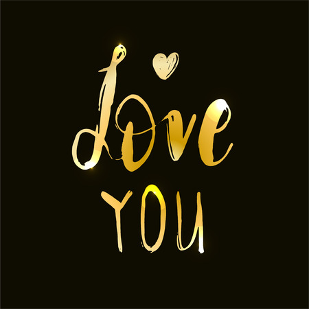 Vector golden text on black background. Love You wordslettering for invitation and greeting card, prints and posters. Hand drawn inscription, calligraphic phrase designのイラスト素材