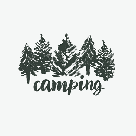 Summer camp logotype or badge. Vector illustration. Concept for shirt or logo, print, stamp.. Vintage typography design with lettering text and forest silhouette.のイラスト素材