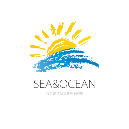 Vector sign sun and ocean wave. Logo marine concept. Logotype for travel agency, boat company, resort or hotelのイラスト素材