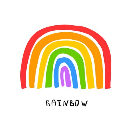 Hand drawn rainbow logo. Childrens hand drawings style. Flat design. Vector colored trendy illustration. Cartoon style logotype.のイラスト素材