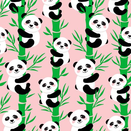 Cartoon Panda on Bamboo trees seamless pattern background. Vector illustration of cute animals on pink backdrop.のイラスト素材