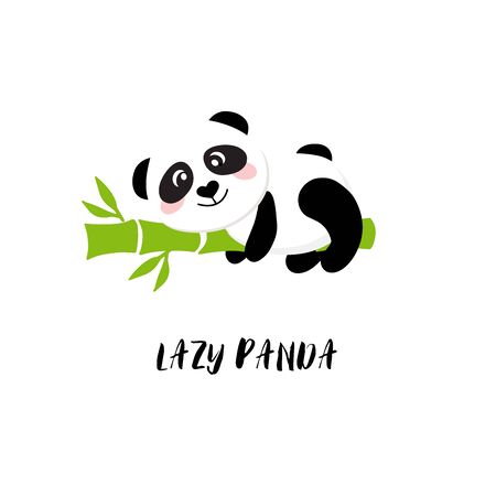 Smiling cartoon panda hanging on bamboo. Vector clip art illustration.のイラスト素材