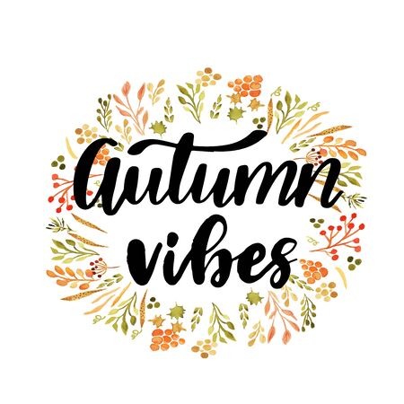 Hello autumn hand lettering phrase on orange watercolor maple leaf backgroundのイラスト素材