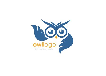 Owl Bird with big wings, Infinity Wise, Vector Symbol. Blue illustration on white backgroundのイラスト素材