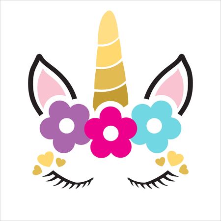 Happy unicorn face in flower wreath vector. Hand drawn style. Birthday decoration, nursery, t shirt, textile,stationery print design. Cute girly theme illustration.のイラスト素材