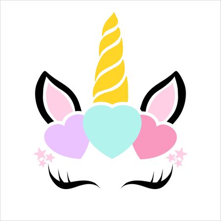Happy unicorn face and hearts vector. Hand drawn style. Valentines card. Birthday decoration, nursery, t shirt, textile,stationery print design. Cute girly theme illustration.のイラスト素材