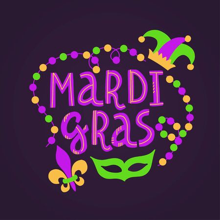 Vector handwritten lettering card with text Mardi Gras, beads, mask, lily and hat in traditional holiday colors on dark violet backgroundのイラスト素材