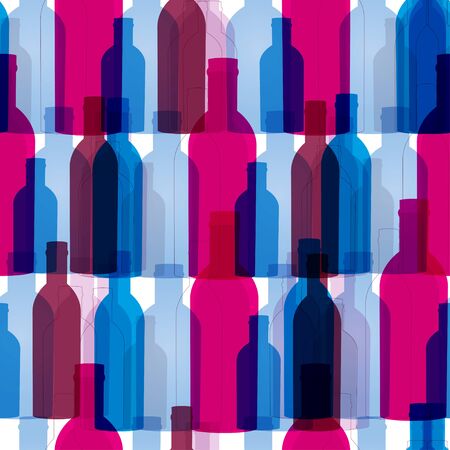 Seamless background with wine bottles red and blue colors. Bright pattern for web, poster, textile, print and other designのイラスト素材