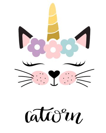 Catcorn. Lovely cartoon cat unicorn face and lettering text on white background. Cute vector for clothing print and children t-shirt for girl.のイラスト素材