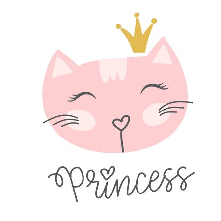 Cute pink cat with a golden crown and lettering text princess. Can be used for tshirt print, baby clothes,child wrapping paper. Creative vector girlish original designのイラスト素材