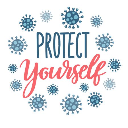 Protect yourself from coronavirus. Sticker for social media content. Vector hand drawn illustration design Covid-19. Virus icons and calligraphy lettering phrase on white backgroundのイラスト素材