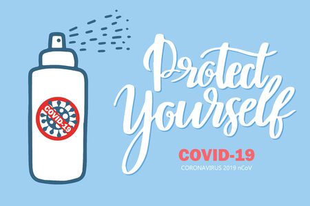 Hand sanitizer bottle for people washing hands to help stop spreading outbreak Coronavirus covid19 for public health safety. 70 persent alcohol liquid inside. Doodle vector illustration with lettering text protect yourself.のイラスト素材