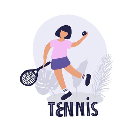 Young girl in sportswear is holding a racket and a tennis ball. Concept of an active lifestyle and sports training. Flat vector illustration isolated on white background.のイラスト素材