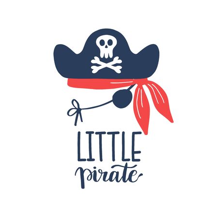 Vector illustration Little pirate lettering with pirate s hat and bones. Kids emblem. Textile fabric printのイラスト素材