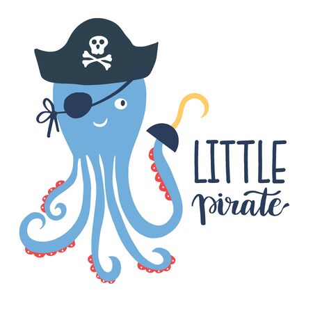 Vector illustration Little pirate lettering with pirate s hat and bones. Kids emblem. Textile fabric printのイラスト素材
