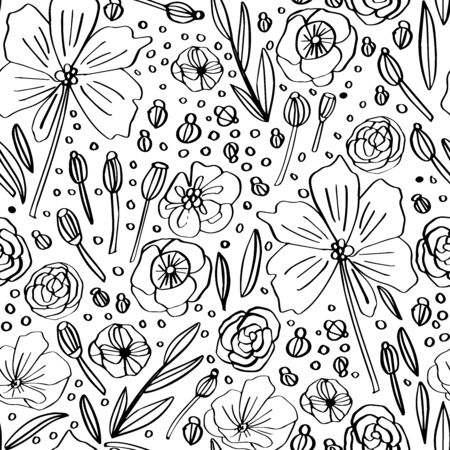 Doodle linear vector pattern, abstract leaves,flowers and plants. Floral graphic clean design for fabric, event, wallpaper, coloring book. Black and white.のイラスト素材