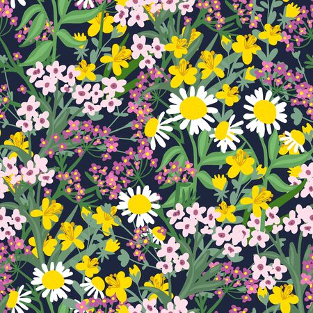 Colorful and stylish small booming floral and meadow flowers seamless pattern.のイラスト素材