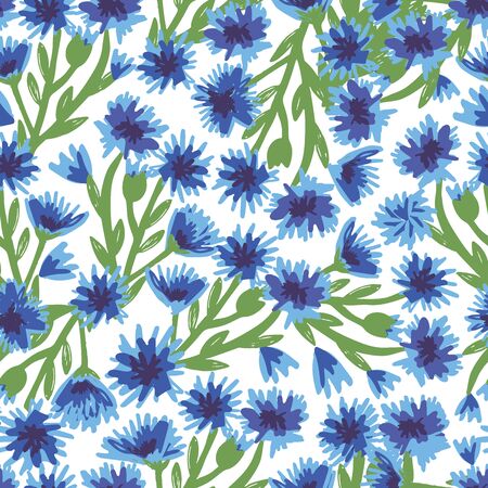 Seamless pattern with bright blue cornflowers. Suitable for fabric, t-shirts, bed linen, packaging, napkins, postcards, backgrounds, knitwear, textiles.のイラスト素材