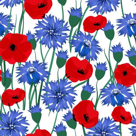 Seamless vector pattern with cornflowers and poppy. Hand drawn ornament with blue wildflower. Perfect for greetings, invitations, manufacture wrapping paper, textile, web design.のイラスト素材