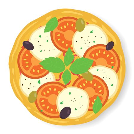 Margarita pizza. Italian whole pizza with tomato and mozzarella. Vector illustrationのイラスト素材