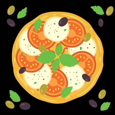 Margarita pizza. Italian whole pizza with tomato and mozzarella. Vector illustrationのイラスト素材