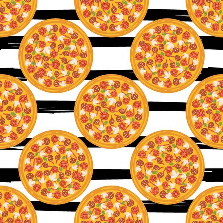 Hand drawn tasty pizza circles vector seamless pattern. Modern stylish repeating fast food service elements background. Isolated vector illustration on black background.のイラスト素材