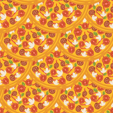 Hand drawn tasty pizza circles vector seamless pattern. Modern stylish repeating fast food service elements background. Isolated vector illustration on black background.のイラスト素材