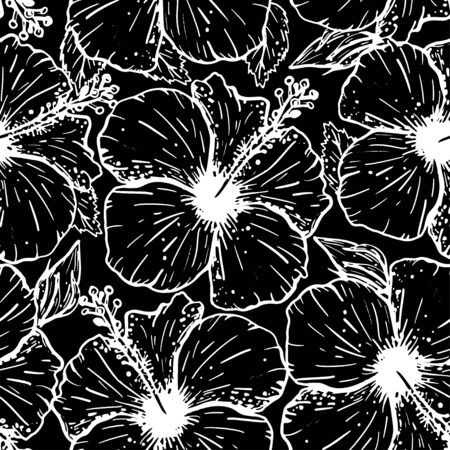 Seamless graphical artistic tropical nature pattern, rain forest floral print, stylish background with hibiscus flowers and leaves. Black and white vector illustrationのイラスト素材