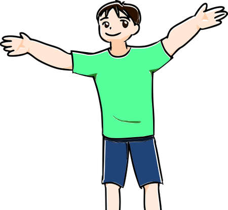 Boy doing radio exercises in summer clothesの販売画像