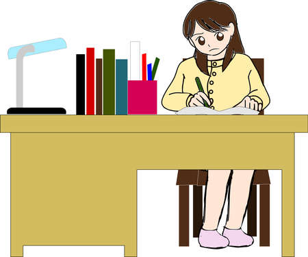 Girl studying alone at homeのイラスト素材
