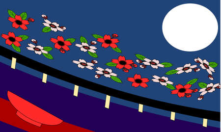 Cherry blossoms, moon and cupのイラスト素材