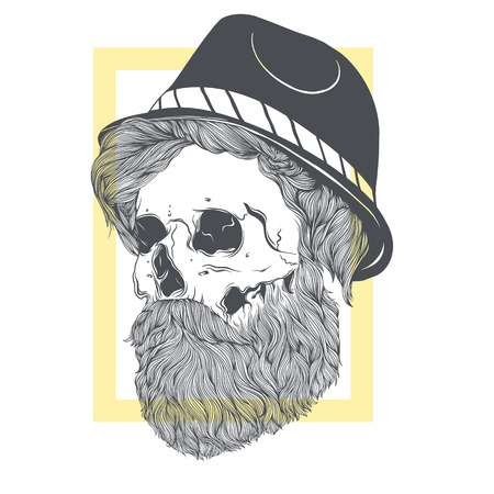 Stylish skull with a beard in a summer hat.のイラスト素材