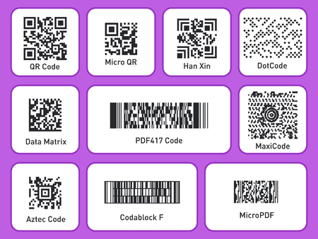 Labels with Barcodes. Packaging labels. Set of different codes. QR Code, barcode, Micro Qr, DotCode, Aztec Code and MaxiCode. Vector illustrationのイラスト素材