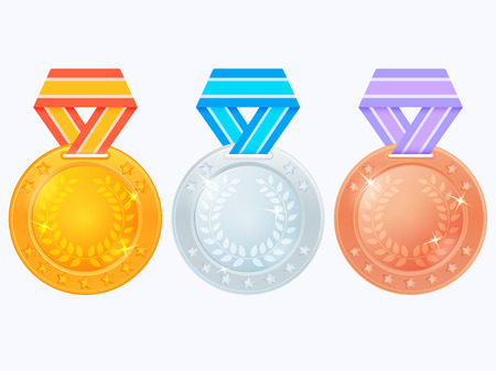 Set of medals on colored ribbons. Gold, silver and bronze medal icon. Vector medals isolated on white backgroundのイラスト素材