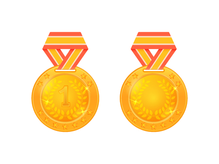 Gold medal on ribbon. Gold medal for first place on a white background. Winner award medal vector illustrationのイラスト素材