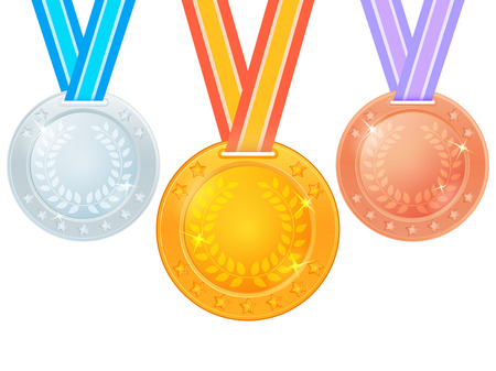 Set of medals on a ribbon. Gold, silver and bronze medal isolated on white background. Vector illustrationのイラスト素材