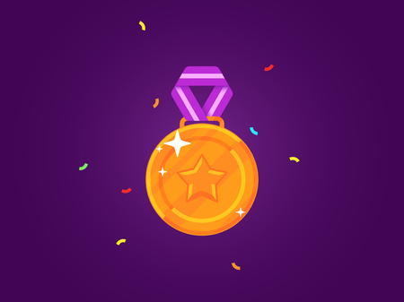 Gold medal with a star. Flat medal with ribbon. Vector illustrationのイラスト素材