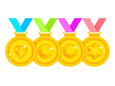Set of winner medals with multi-colored ribbons. Gold medal with gems on white backgroundのイラスト素材